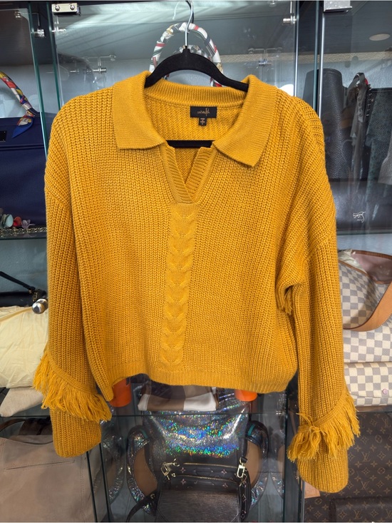 Twelve By Ontwelfth Sweaters - Ontwelfth Mustard Yellow Collared V-Neck Fringe Sleeve Cable Knit Sweater M 339